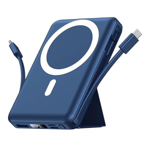 Mag-safe Power Bank, Azmuth 10000mAh Magnetic Battery Pack 22.5W PD Fast Charging with USB-C Cable LED Wireless Portable Charger with Stand for iPhone 16/15/14/13/12/Pro (Blue)
