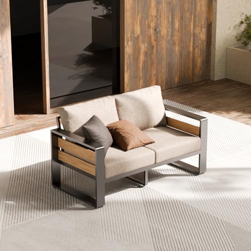Image of ZANDOR Aluminum Outdoor Patio Furniture-Loveseat with Table,Dark Gray | Rustproof,High weight capacity,Water-repellent,Washable Cover,All-Weather Resistant,Easy clean,for Poolside Backyard Deck