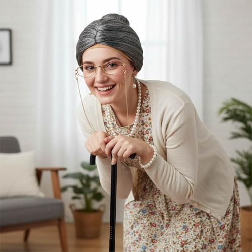Disfraz de Anciana para Niñas y Mujeres con Peluca y Accesorios miniatura 6
