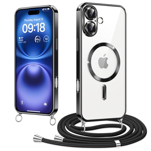 Elettrolitico Magnetica Cover con Cordino per iPhone 16 6.1 Compatibile con Magsafe Ricarica Antiurto AntiGraffio con Collana Regolabile Case per 16 wireless tpu nero