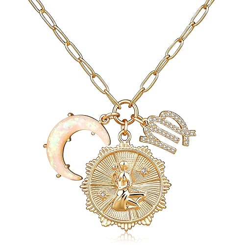 MISS RIGHT Gold Zodiac Sign Coin Necklace with Opal Crescent Moon Charm for Women Trendy, Dainty Gold Paperclip Chain 12 Constellation Horoscope Necklaces Astrology Jewelry Gifts