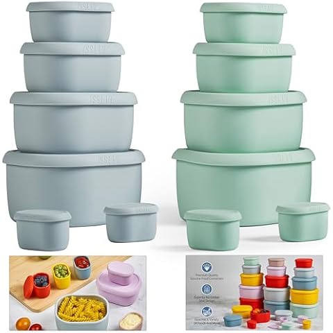 ISSEVE 12Pcs/Set Nesting Silicone Food Storage Containers with Lids, BPA Free Reusable Meal Prep Silicone Containers Airtight, Freezer Dishwasher Safe (33.8oz, 20oz, 10oz, 6.7oz, 1.3oz) Cover