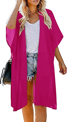 Image of Indian Trendy Women's Solid Puff Sleeve Kimono Long Cardigan Loose Cover Up Casual Blouse Top Chiffon