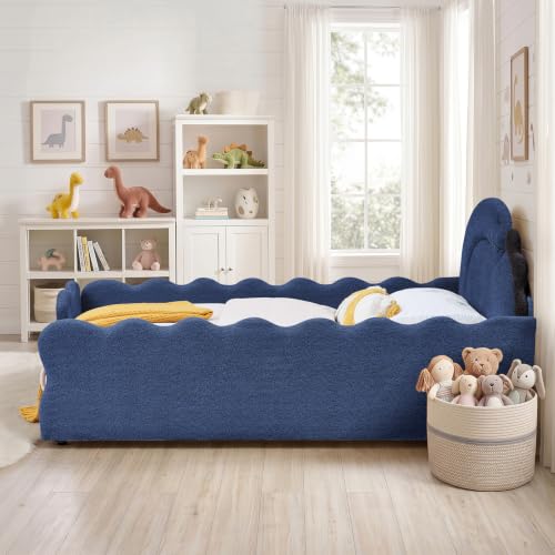 Image of Full Size Kids Bed with Dinosaur Headboard, Upholstered Boucle Fabric Twin Daybed with Slats Support & Side Pocket, Space-Saving Wooden Corner Sofa Couch Day Bed Frame for Girl, Boy, Teenager(Blue)