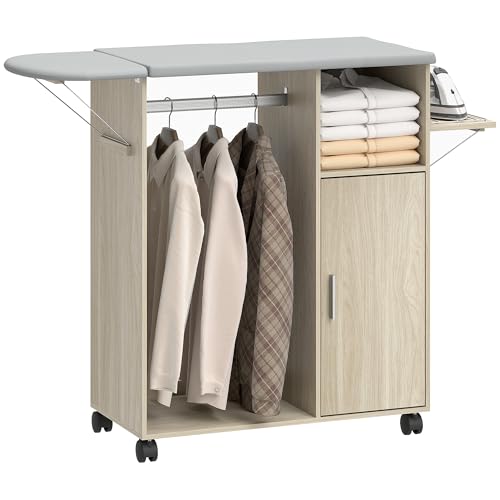 HOMCOM Tabla de Planchar Plegable con Ruedas con Freno y Soporte para Plancha, Mueble de Planchado Multiuso con Barra para Colgar Ropa, estantes Ajustables, para lavandería, baño, 127 x 42,5 x 99 cm,