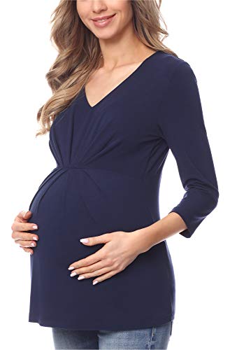 Be Mammy Camiseta Premamá Manga 3/4 Embarazo BE20-218 (Azul Marino, L)