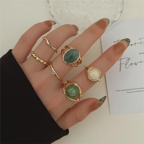 Rrdaily Boho Knuckle Ring Sets for Women,Gold Green Gem Stackable Ring Vintage Green Knuckle Gems Rings Good Luck Midi Finger Rin Aesthetic Statement Thumb Ring Set Jewelry2