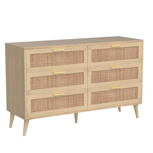 Rovaurx 6 Drawer Double Dresser for Bedroom, Rattan Chest of Dressers, Modern Wooden Dresser Chest with Golden Handles, Beside Table for Closet, Living Room and Entryway, Natural - Image 5