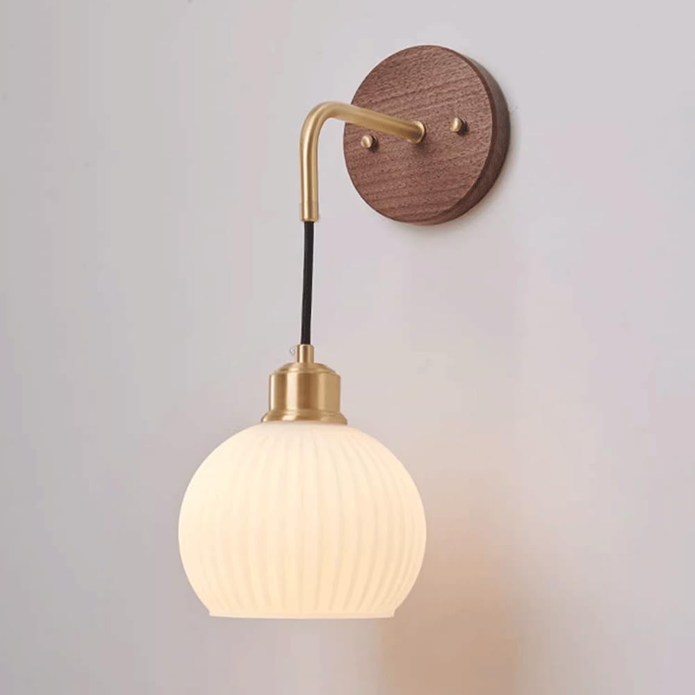 SXECAEPS Glass Wall Sconce Modern Mount Light Bedside Lamp Living Room Sconces Lighting Fixture Nordic Wood Lights Bedroom Nightstand Lamps