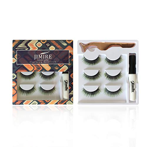 JIMIRE False Eyelashes Set Green and Black Gradient False Lashes Pack with Glue and Tweezers
