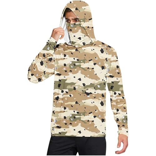 Mens UPF 50+ UV Shirts with Mask Thumb Holes Camo Long Sleeve Sun Protection Performance Camo Outdoor Hoodie Shirts