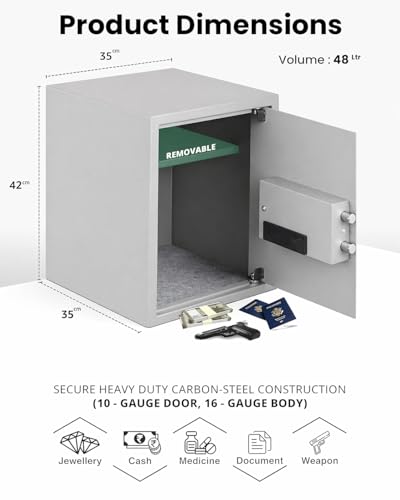 Image of Equal 48L SecureLite Safe Locker for Home | Digital PIN Code + Emergency Key | 10-Gauge Steel Door | 3 Year Warranty | 48 Litre - Light Grey
