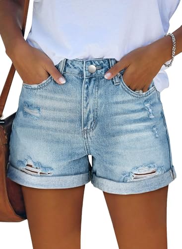 Image of onlypuff Womens Jean Short Cut Off Denim Shorts High Waist Ripped Distressed Stretchy