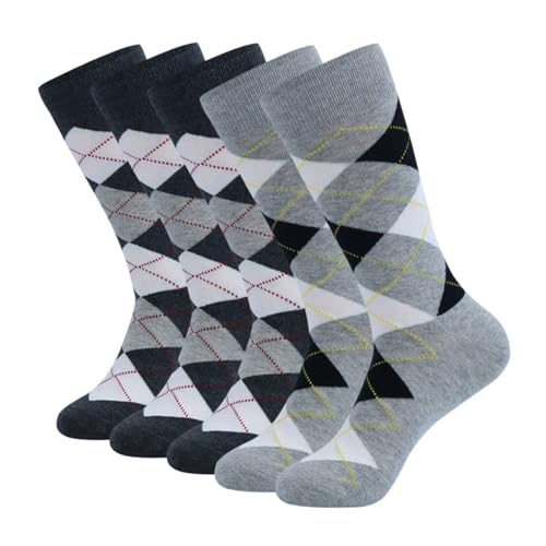 VONCYKI 5 pares de calcetines de vestir con rombos para hombre, talla grande, de algodón peinado, color negro, transpirables, casuales, para hombre, 5 pares-JC097-3, EUR(41-48)