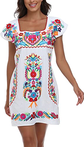Image of YZXDORWJ Women Mexican Embroidered Dress Ruffle Collar Sleeveless