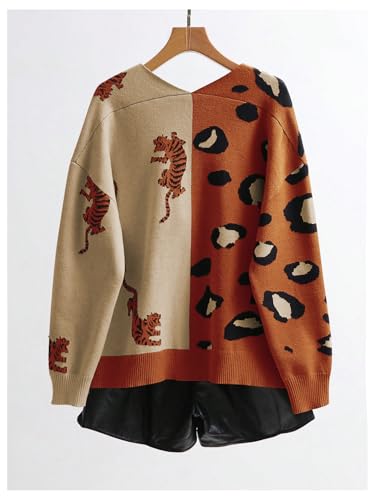 Image of WDIRARA Women's Leopard Tiger Print Cardigan V Neck Long Sleeve Color Block Button Down Sweater Outwear