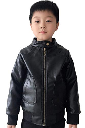 Image of Boys Trendy Stand Collar PU Leather Moto Jacket - Winter Warm Lined Coat with Zipper Closure for Kids (Age 3-12)