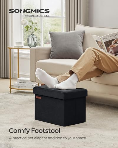 Image of SONGMICS Storage Ottoman, Foldable Small Ottoman Foot Rest, 12.2 x 16.1 Inches Foot Stool, Ottoman with Storage, Load up to 286 lb, for Living Room, Bedroom, Dorm, Ink Black ULSF200B01