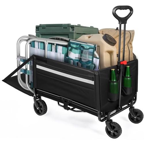 Bollerwagen faltbar 120L+ Bis 150KG Strandwagen Klappbar mit Heckklappe Regenschutz,Becherhalter, Reflektorstreifen, Faltbarer Bollerwagen Für Hunde,Einkaufen,Camping,Strand,Transport,Outdoor