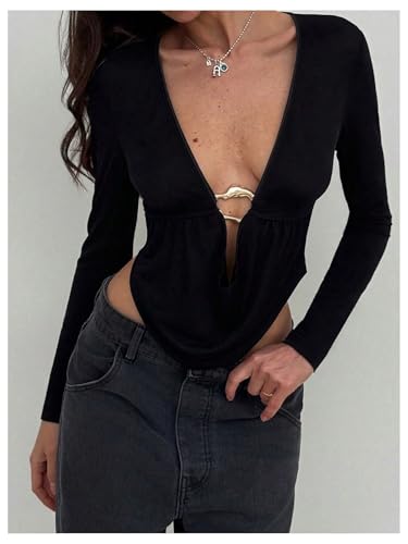 SOLY HUX Women's Deep V Neck T Shirt Long Sleeve Metal Decor Draped Front Ruched Asymmetrical Tops4