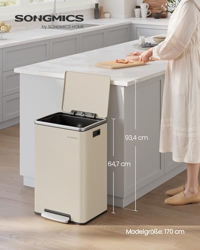 SONGMICS Mülleimer 50 L, Stahl, mit Deckel, Softclose, 15 Müllsäcke – Ansicht 2