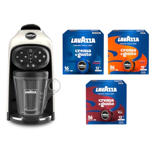 Lavazza, A Modo Mio Kaffeemaschine Deséa White Cream mit 88 Kapseln Crema und Geschmack sortiert, Espresso 1500 W, 220-240 V, 50/60 Hz, Kapazität max. 10 Kapseln und 1,1 Liter Wasser
