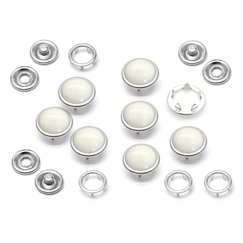 CRAFTMEMORE 20 Sets 12mm Pearl Snaps Fasteners Pearl-Like Prong Snap Button for Western Shirt Clothes Popper Studs - Silver Brass Rim Setting (12 mm, White)