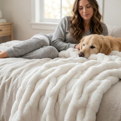 Luxury Concepts Soft Faux Rabbit Fur Throw Blanket - 50" x 60", Elegant Ruched Design Blanket, Machine Washable and Wrinkle Resistant, Lightweight White Throw Blanket for Couch, Sofa and Bed by Luxury Concepts - Used condition - Image 5
