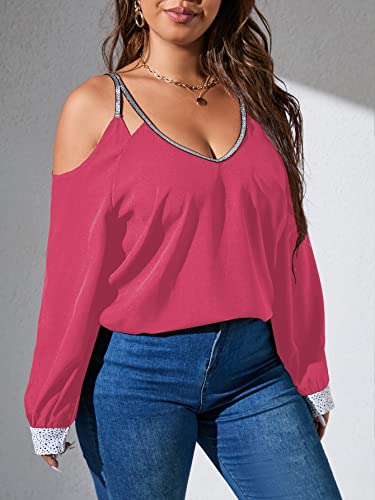 top feminino tamanho grande Plus Cold Shoulder Contrast Trim Blouse (Color : Hot Pink, Size : 4XL)
