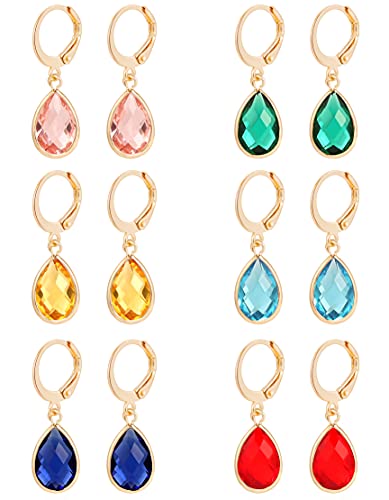 Tornito 6 Pairs Leverback Drop Dangle Earrings Set Multicolor Round Teardrop CZ Hoop Earrings 8MM for Women