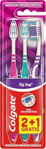 Colgate Zigzag Medium Toothbrush - 3 Pack of Assorted Colors – Antibacterial Bristles for Deep Cleaning – Medium Bristles for Effective Plaque Removal – Comfortable Ergonomic Handle