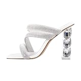 sexytag Women's Clear Rhinestone Sparkly Heels Silp On Mules Chunky Heels Open Toe Crystal Studded S
