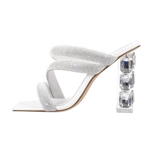 Sexytag Women's Clear Rhinestone Sparkly Heels Silp On Mules Chunky Heels Open Toe Crystal Studded Sparkly Diamond Glitter Sexy Silde Sandals White Size 9 #TOP7