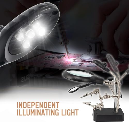 Image of LED Light Helping Hands Magnifier Soldering Station - 2X 4X USB Lighted Hands Free Magnifying Glass Stand with Clamp and Alligator Clips - for Soldering, Assembly, Repair (Black, M)