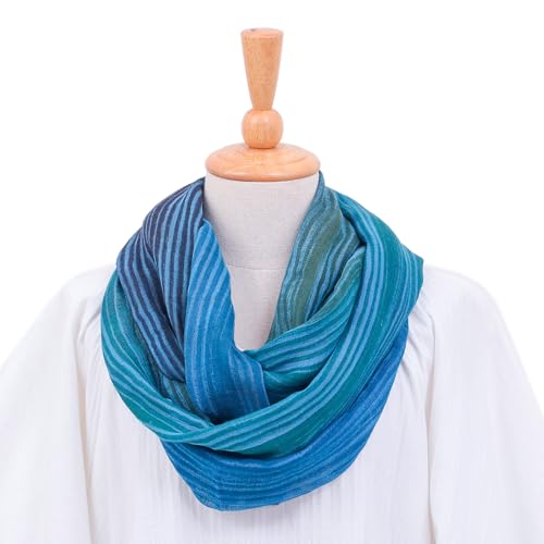 NOVICA Artisan Handmade Cotton Infinity Scarf Artisan Crafted 100% from Thailand Accessories Scarves White Green Teal Blue Striped Woven Travel Friendly ' Seaside Breezes'3