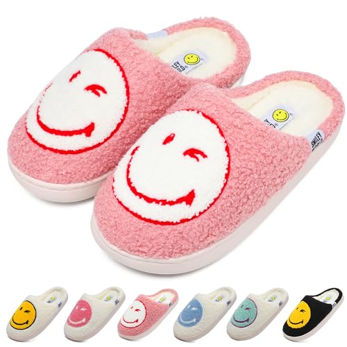 Womens Mens Smile Face Slippers Soft Plush House Slippers Retro Happy Slip-On Slides Winter Warm Comfy Memory Foam Fluffy Indoor Outdoor Shoes