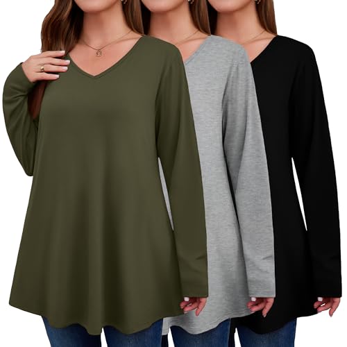 Evervibe 3 Pack Women's Plus Size Tunic Tops V Neck Long Sleeve Shirts Loose Fit Casual Flowy Tees with Leggings(Black, Army Green, Light Heather Gray,3X-Large)