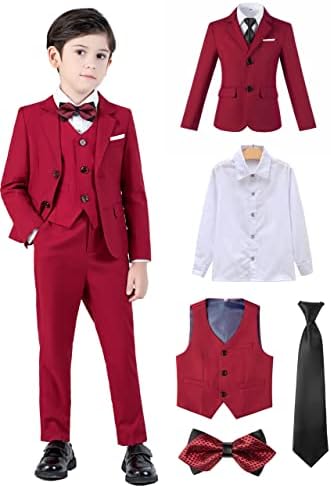 Boy's Suits, 5 Piece Slim Fit Formal Set, Boys Tuxedo Suit Formal, Boys' Dress Suit, Jacket Vest Pants Dress Shirt and Tie, Red Size 14