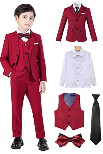 Boy's Suits, 5 Piece Slim Fit Formal Set, Boys Tuxedo Suit Formal, Boys' Dress Suit, Jacket Vest Pants Dress Shirt And Tie, Red Size 14 #TOP10