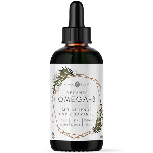 Veganes Omega 3 Algenöl Präparat | DHA aus der Mikroalge Schizochytrium sp. | Mit Vitamin D3 | Auf Basis von Hanfsamenöl | Hoher Anteil an Alpha-Linolsäure und Alpha Linolensäure, 100 ml