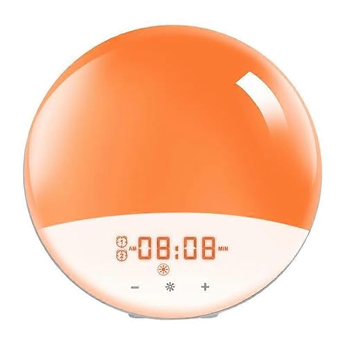 JOYHAPPST Wake up light light alarm clock sunrise sunset simulation alarm clock with two alarms, 20 brightness, snooze function, 7 natural sounds and FM radio f