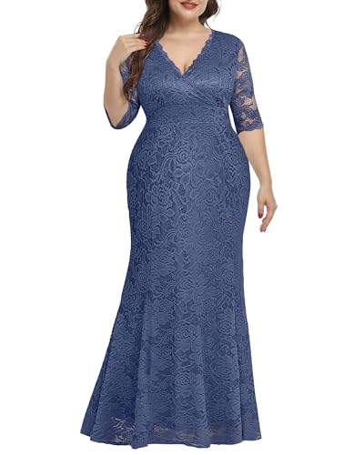 Image of Pinup Fashion Plus Size Formal Evening Dress Wedding Guest Bridal Gowns | Floral lace, wrap v-neck, 3 /4 sleeves, empire waist, mermaid floor length, side zipper