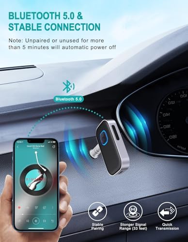 WOCBUY Bluetooth Car Adapter, 3.5mm AUX Bluetooth Receiver for Music Streaming, Wireless Music Audio Adapter with Built-in Mic, Home Stereo, Speakers (Handsfree Car Kits, 16H Playtime, Dual Link) — view 2