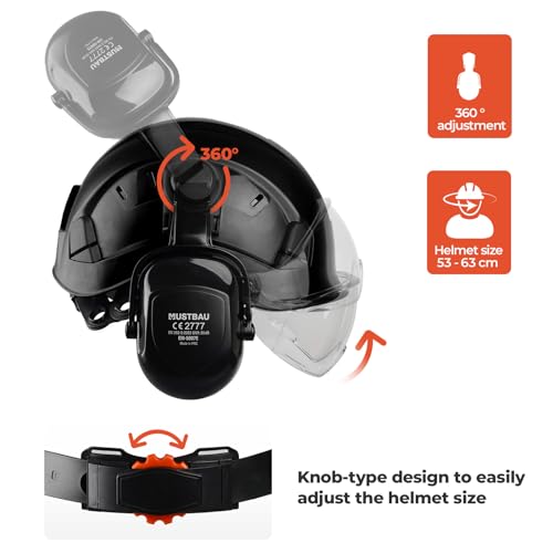Miniatura 8 de Mustbau Casco De Seguridad, Casco En397 Con Orejeras Y Visera, 53 A 63cm Diadema Ajustable, Material Abs Resistente Para Hombres Mujeres - Negro