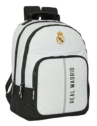 Safta REAL MADRID 1ª EQUIPACIÓN 24/25 - Mochila Escolar, Mochila, Ideal para Niños de Diferentes Edades, Cómoda y Versátil, Calidad y Resistencia, 32x16x42 cm, Color Blanco/gris
