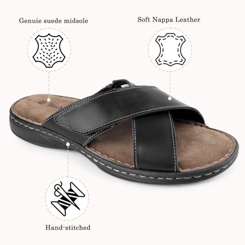Image of Mens Adjustable Slides Cross Napa Leather Open Toe Sandals Soft Memory Foam Slip On Sandlas Classic Dress Slides Summer Beach Comfy Slippers Rubber Non Slip Sole Black EU42 /US9