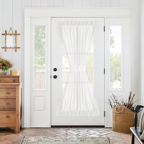 TOPICK Cortinas blancas para puerta, con cordón, opacas, para salón, dormitorio, habitación infantil, aspecto de lino, estilo rústico, 2 unidades, 137 x 183 cm