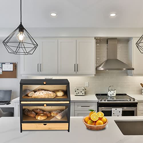 Homekoko Large Bamboo Two-Layer Bread Box With Drawer, Double Layers Large Bread Box For Kitchen Counter, Wooden Large Capacity Bamboo Bread Food Storage Bin (Black) #TOP5