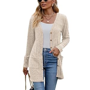 Famulily Women’s Long Sleeve Open Front Cardigans, Button Down V Neck Lightweight Outwear Jumpers with Pockets, Solid Rayon Polyester Spandex, S-XXL, Beige/Black/Blue/Army Green/Khaki/Red/Wine