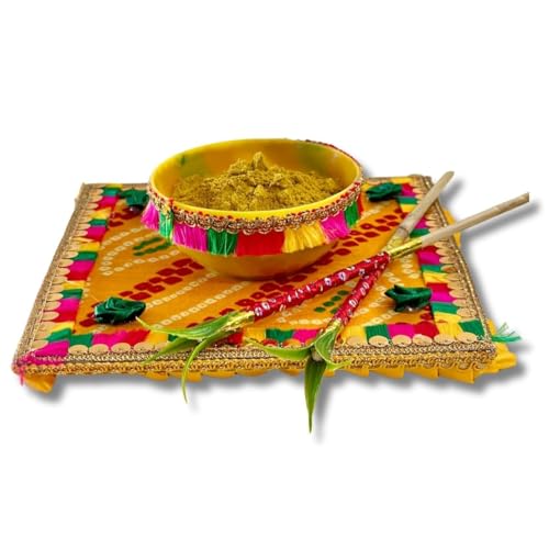 HALDI MEHENDI SHAADI Decorated Haldi Plate with 2 Sticks, Free Haldi Mix | Premium Wedding Ceremony Decoration Items for Marriage